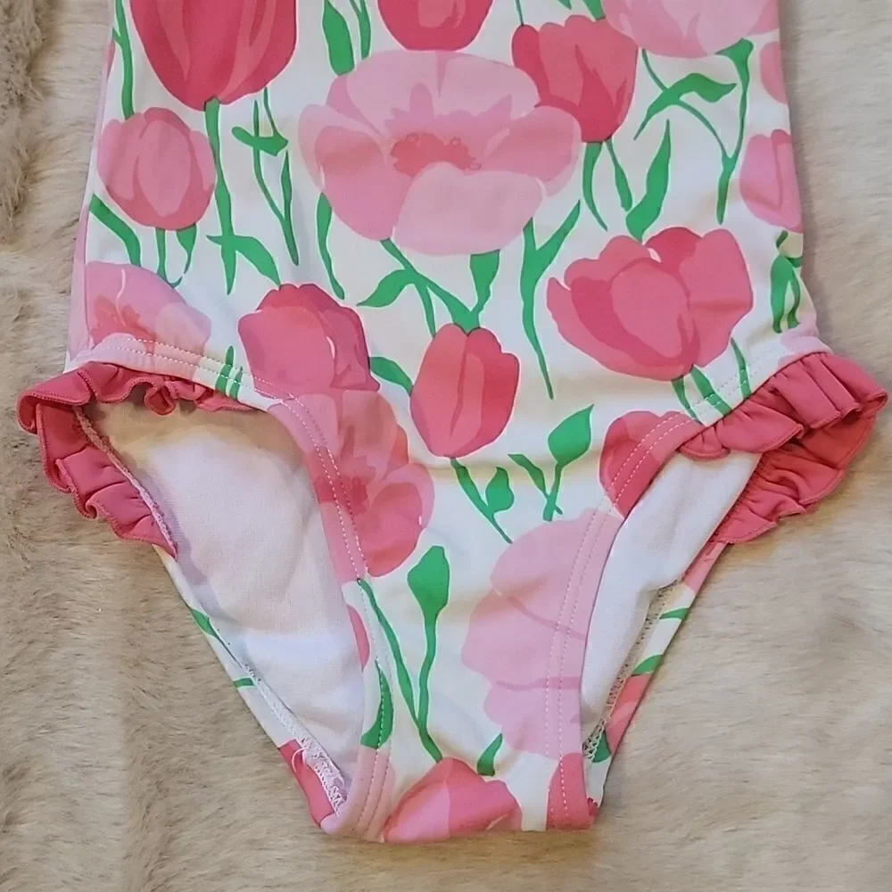 JANIE AND JACK PINK TULIP PATTERN SWIMSUIT, SIZE 2T
